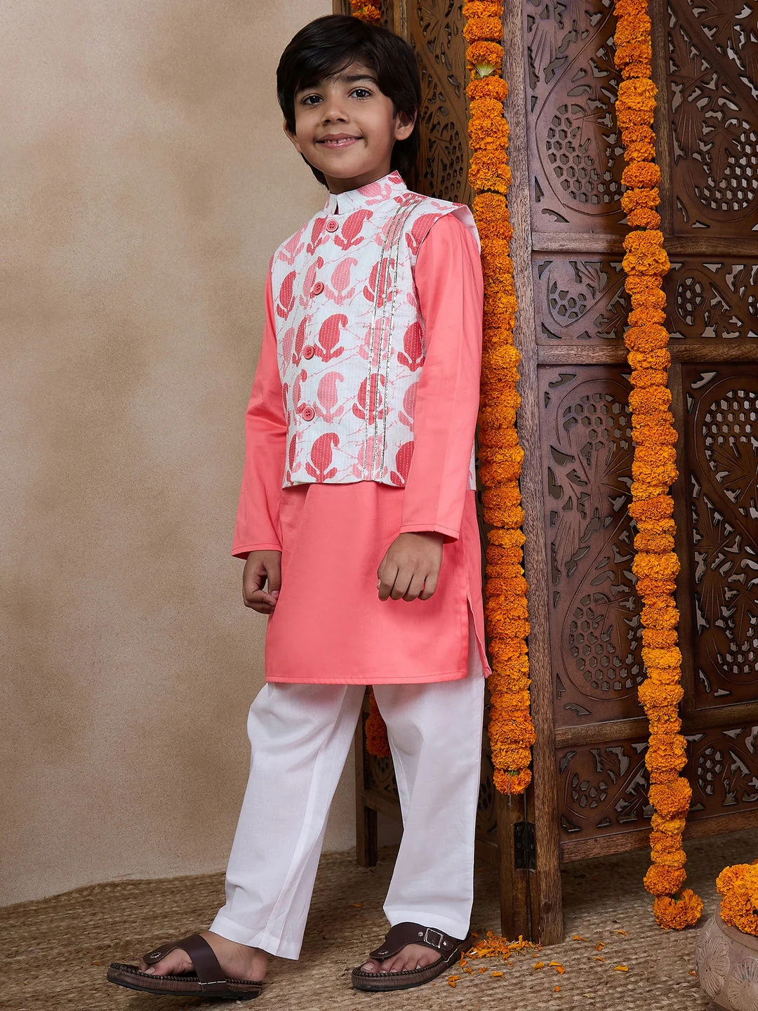 Boys Mandarin Collar Long Sleeves Straight Kurta With Pyjamas Jacket (KP-PEACHDOBBY) - Image 7