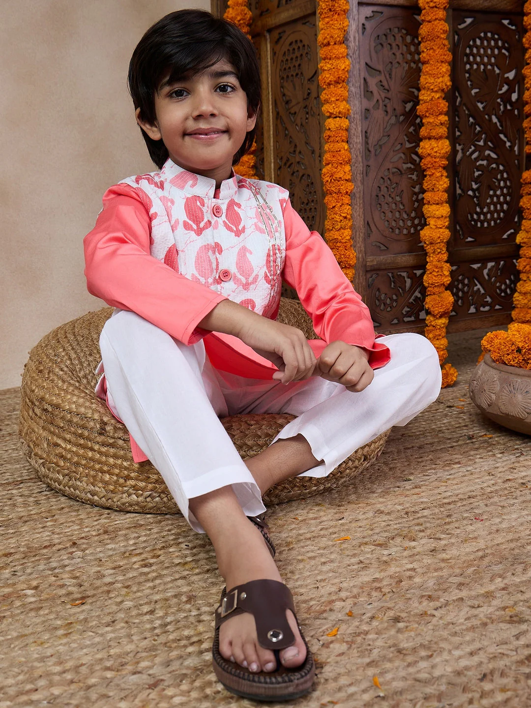 Boys Mandarin Collar Long Sleeves Straight Kurta With Pyjamas Jacket (KP-PEACHDOBBY) - Image 8