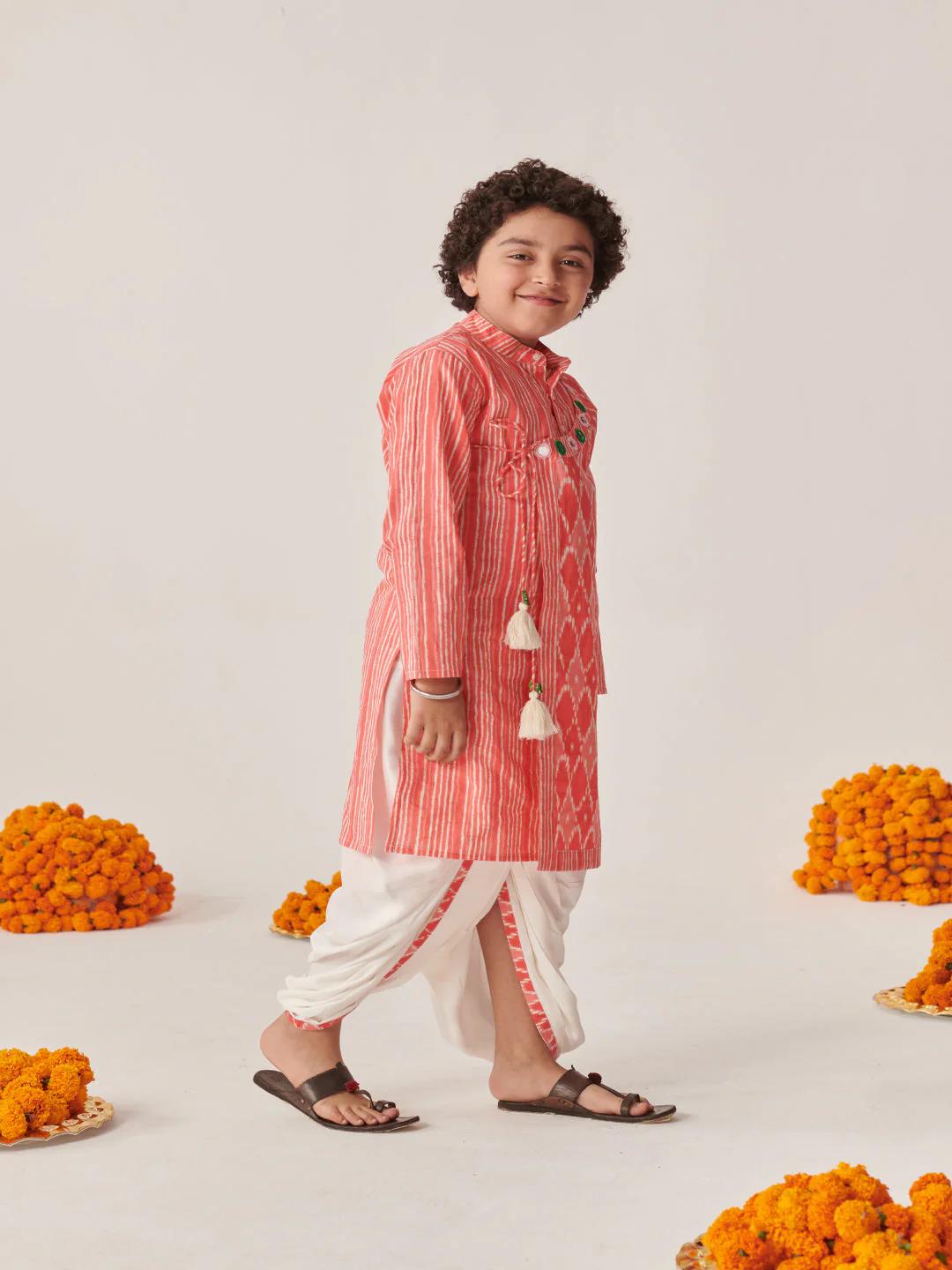 Boys Ethnic Motifs Printed Angrakha Kurta With Dhoti Pants (KP-PEACHIKKAT) - Image 3