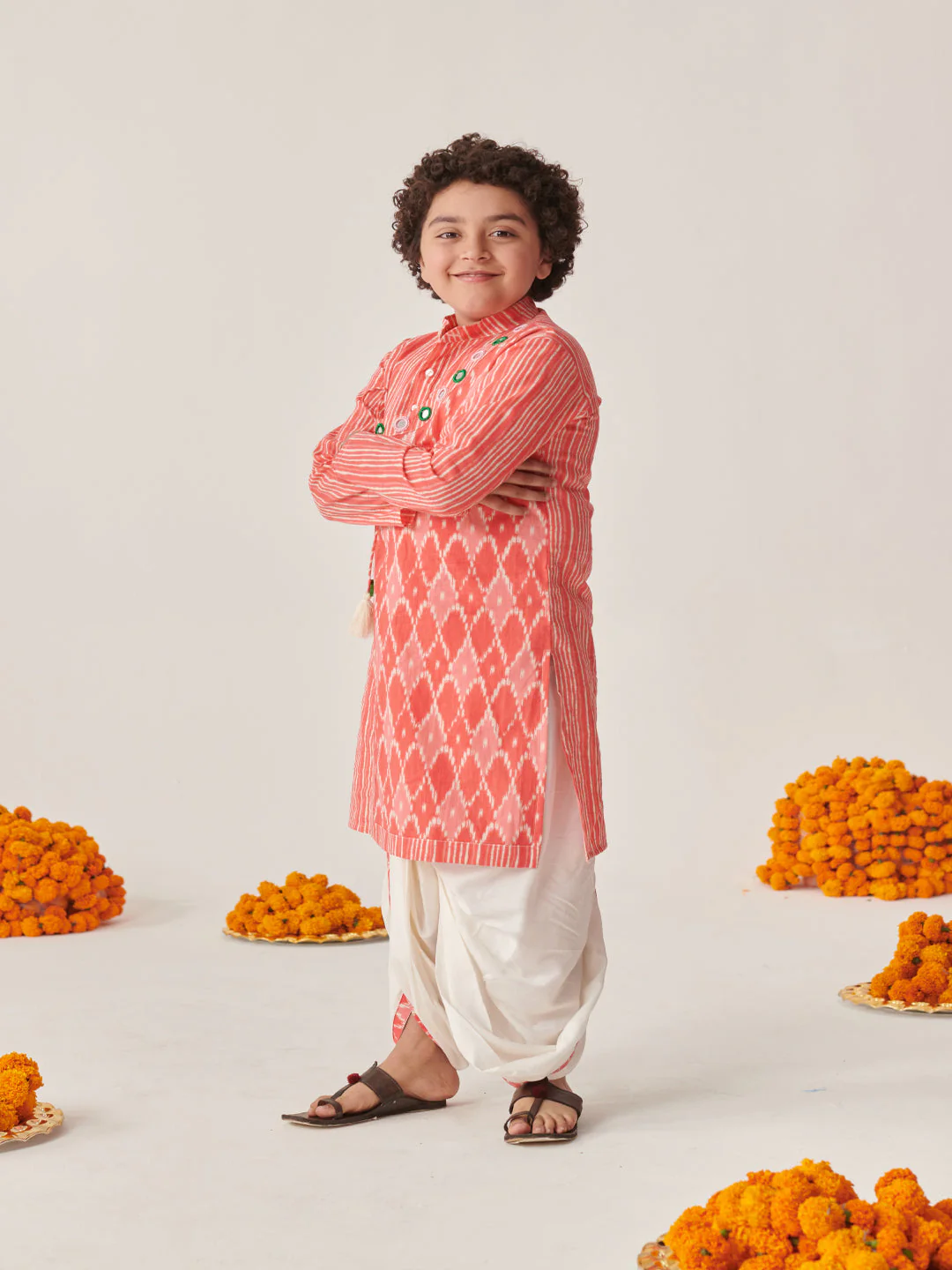 Boys Ethnic Motifs Printed Angrakha Kurta With Dhoti Pants (KP-PEACHIKKAT) - Image 4