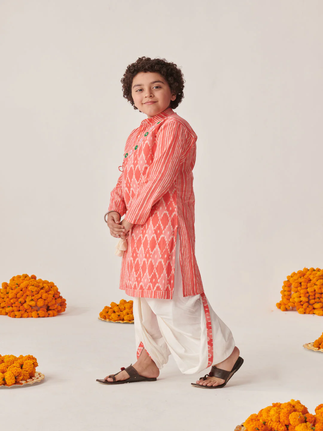 Boys Ethnic Motifs Printed Angrakha Kurta With Dhoti Pants (KP-PEACHIKKAT) - Image 5