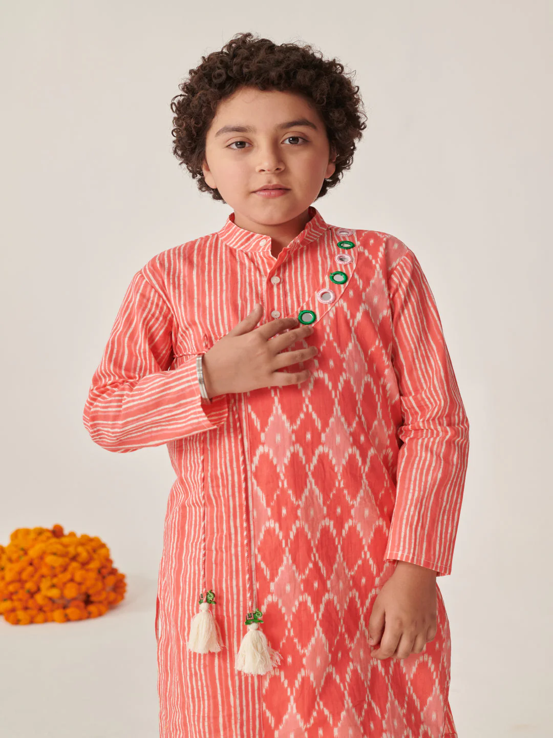 Boys Ethnic Motifs Printed Angrakha Kurta With Dhoti Pants (KP-PEACHIKKAT) - Image 7