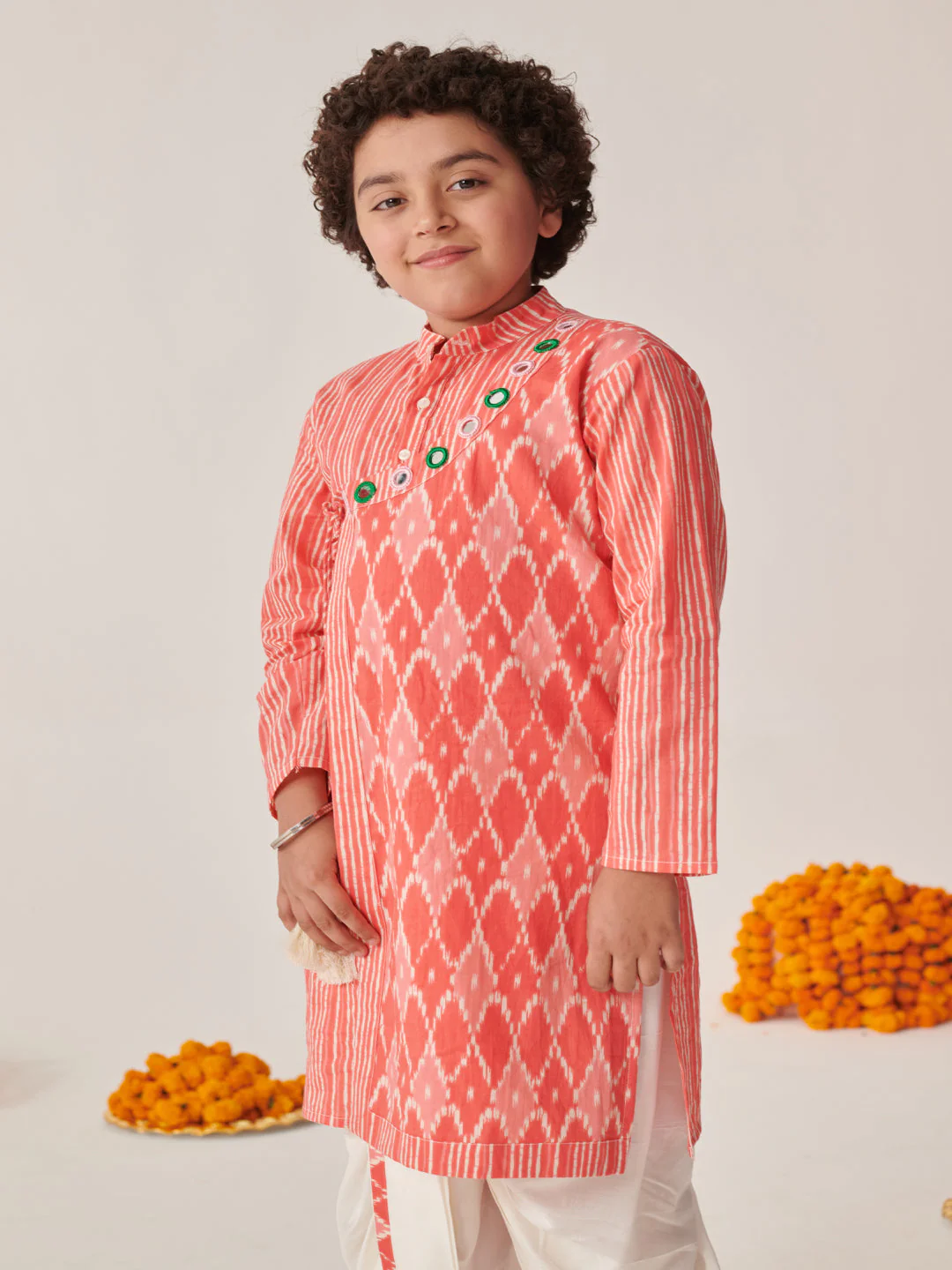 Boys Ethnic Motifs Printed Angrakha Kurta With Dhoti Pants (KP-PEACHIKKAT) - Image 9