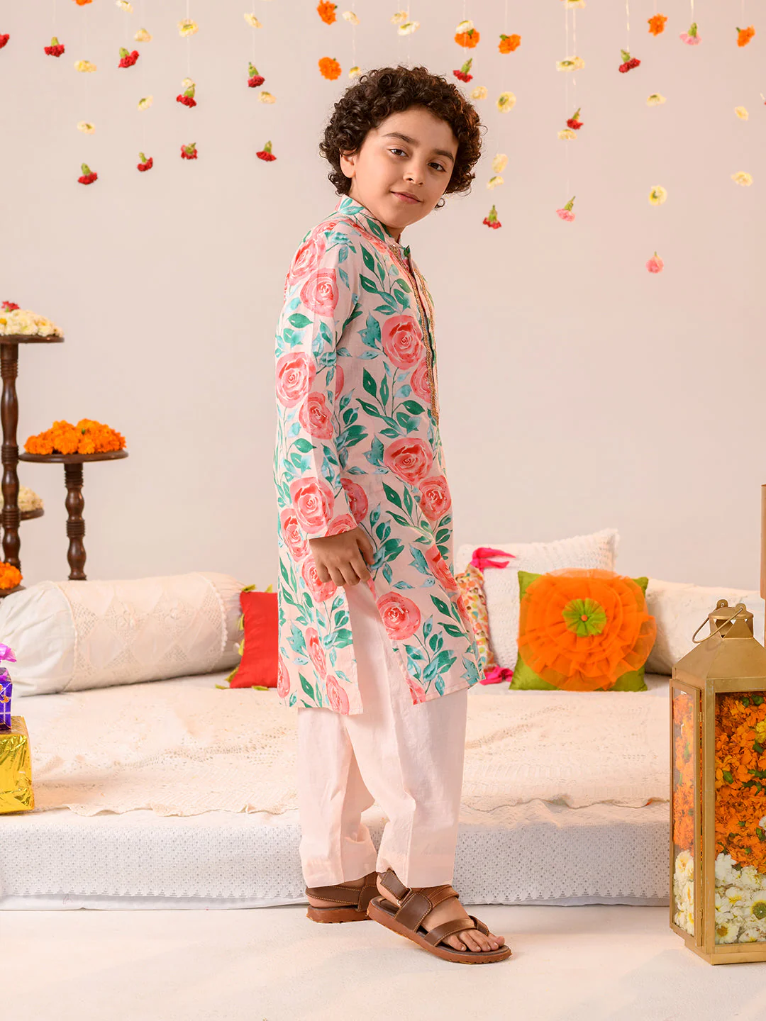 Boys Floral Printed Pure Cotton Kurta with Pyjamas (KP-PEACHREDFLOWER) - Image 3