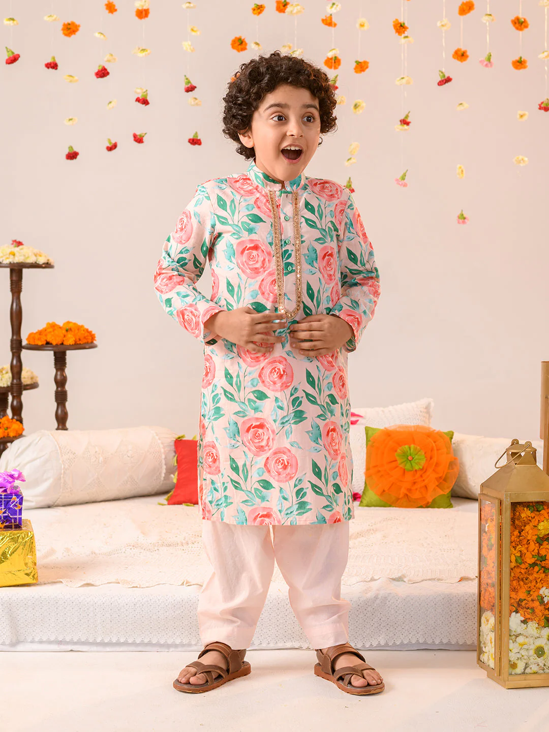Boys Floral Printed Pure Cotton Kurta with Pyjamas (KP-PEACHREDFLOWER) - Image 4