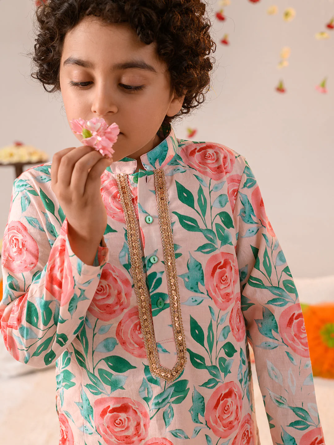 Boys Floral Printed Pure Cotton Kurta with Pyjamas (KP-PEACHREDFLOWER) - Image 5