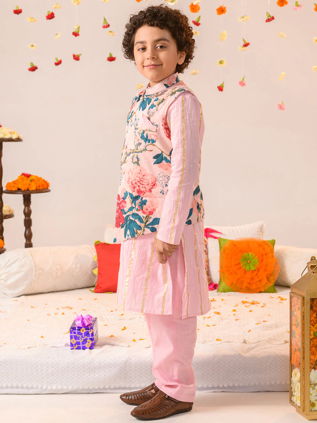 Boys Printed Pure Cotton Kurta With Pyjamas And Nehru Jacket (KP-PINKLUREX) - Image 3