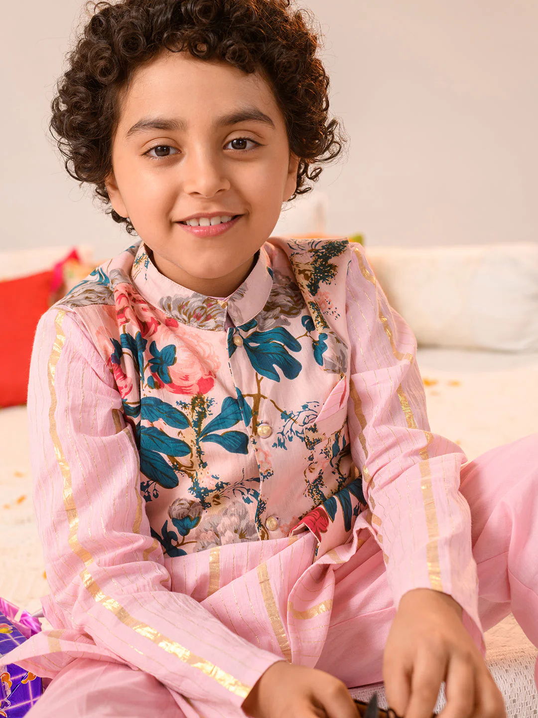 Boys Printed Pure Cotton Kurta With Pyjamas And Nehru Jacket (KP-PINKLUREX) - Image 4