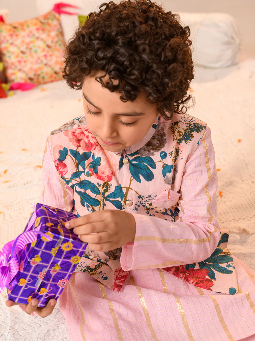 Boys Printed Pure Cotton Kurta With Pyjamas And Nehru Jacket (KP-PINKLUREX) - Image 5