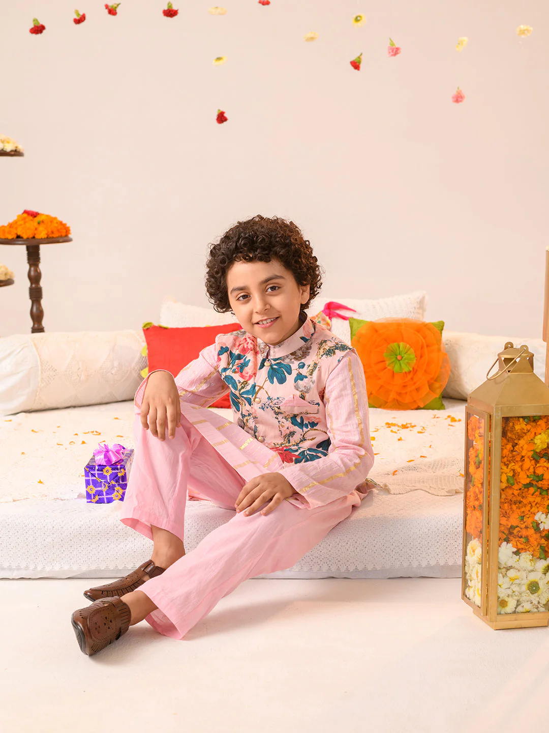 Boys Printed Pure Cotton Kurta With Pyjamas And Nehru Jacket (KP-PINKLUREX) - Image 7