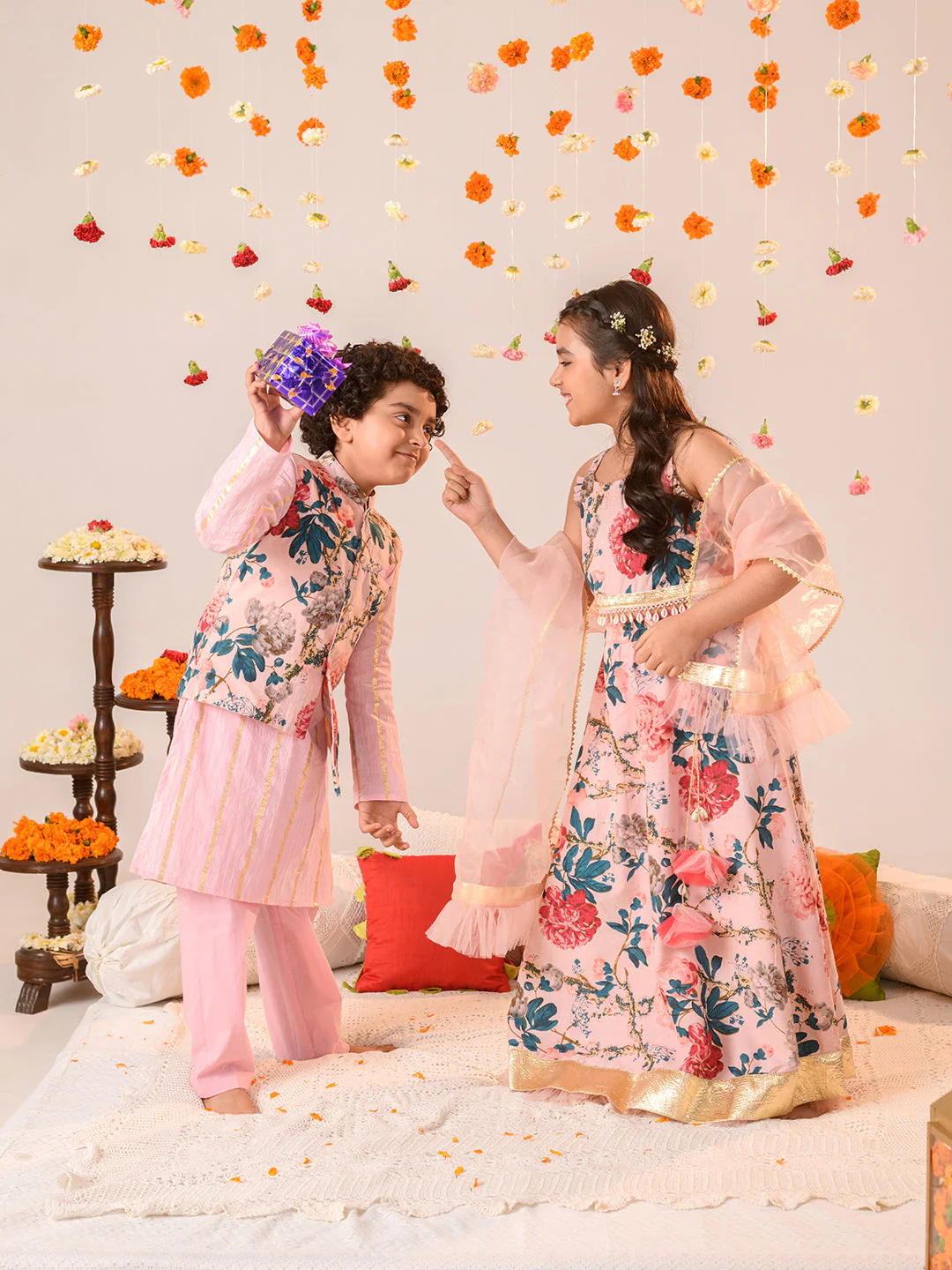 Boys Printed Pure Cotton Kurta With Pyjamas And Nehru Jacket (KP-PINKLUREX) - Image 8