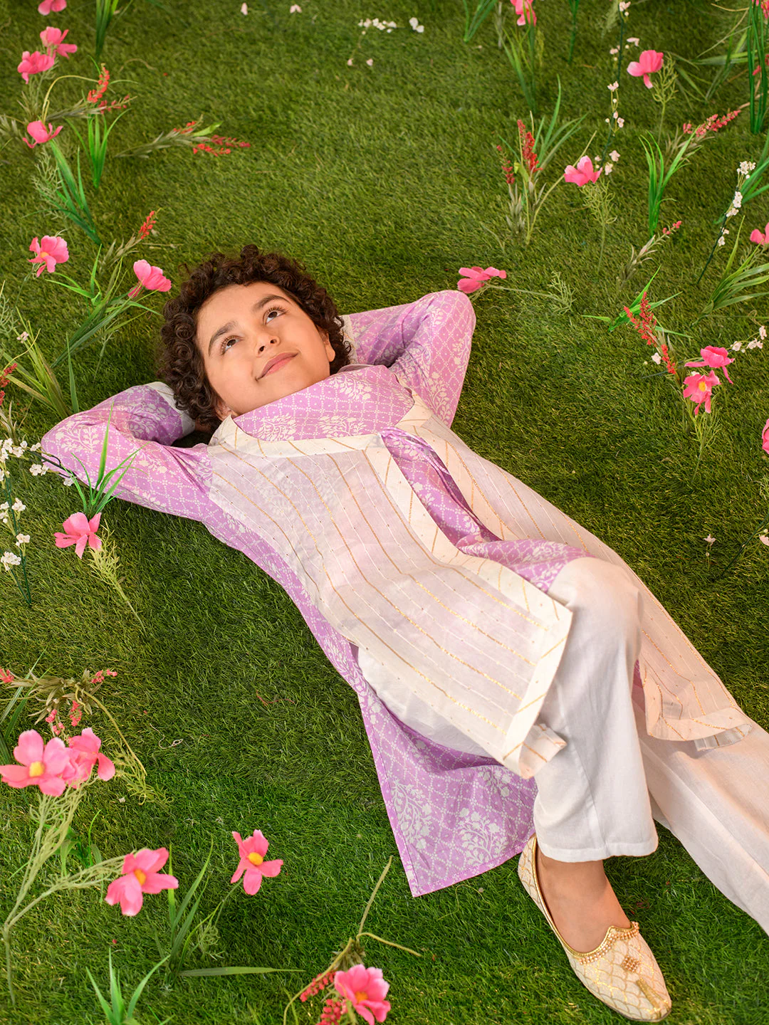 Boys Ethnic Motifs Printed Pure Cotton Kurta With Pyjamas (KP-PURPLEWHITE) - Image 6