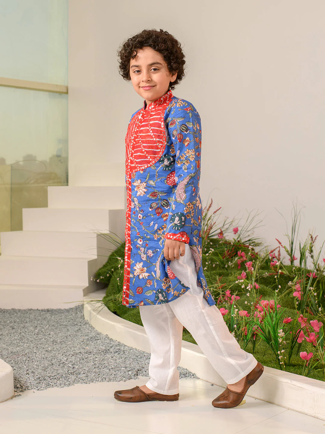 Boys Floral Printed Pure Cotton Kurta with Pyjamas (KP-REDPATRA) - Image 3