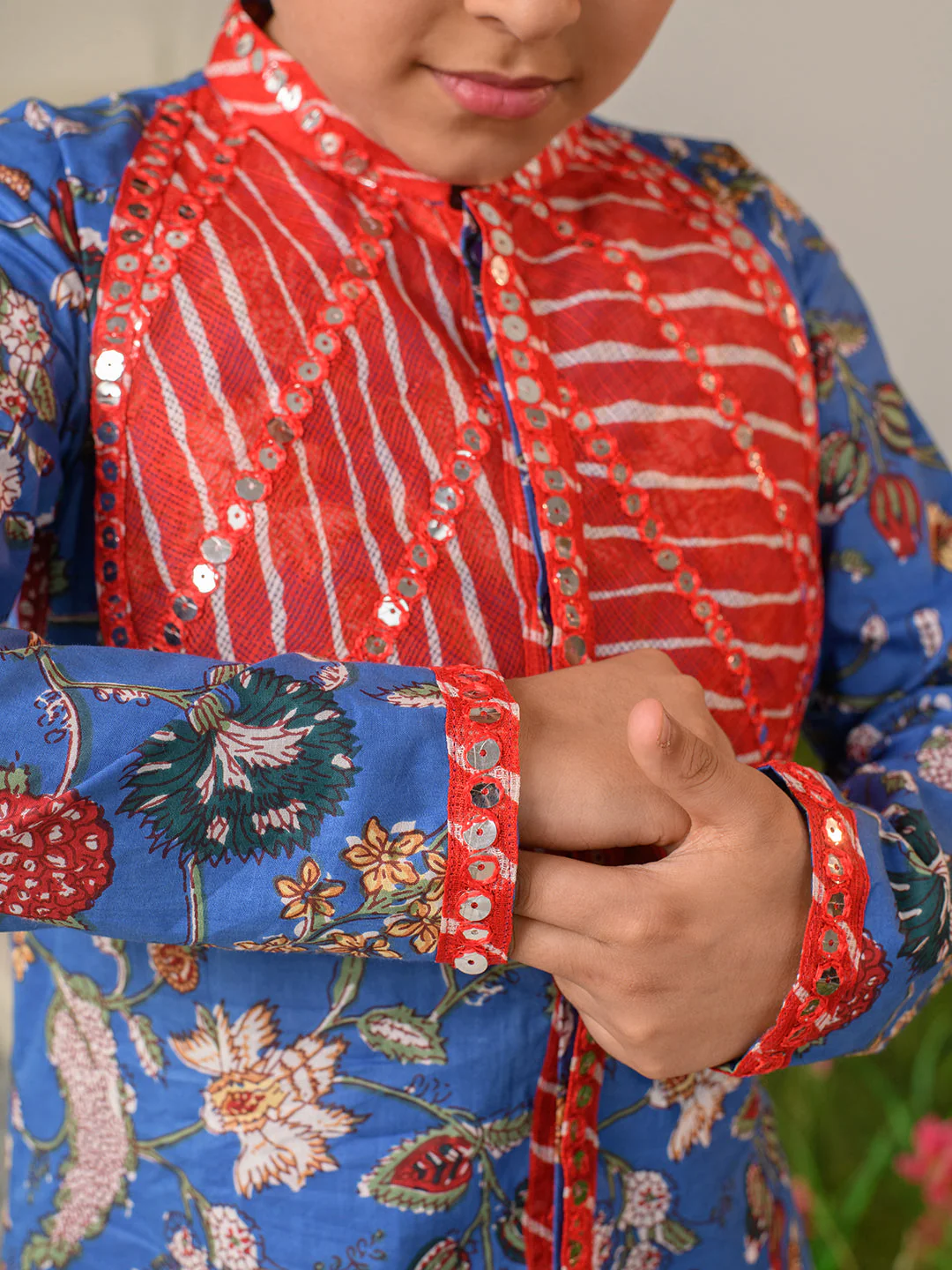 Boys Floral Printed Pure Cotton Kurta with Pyjamas (KP-REDPATRA) - Image 5