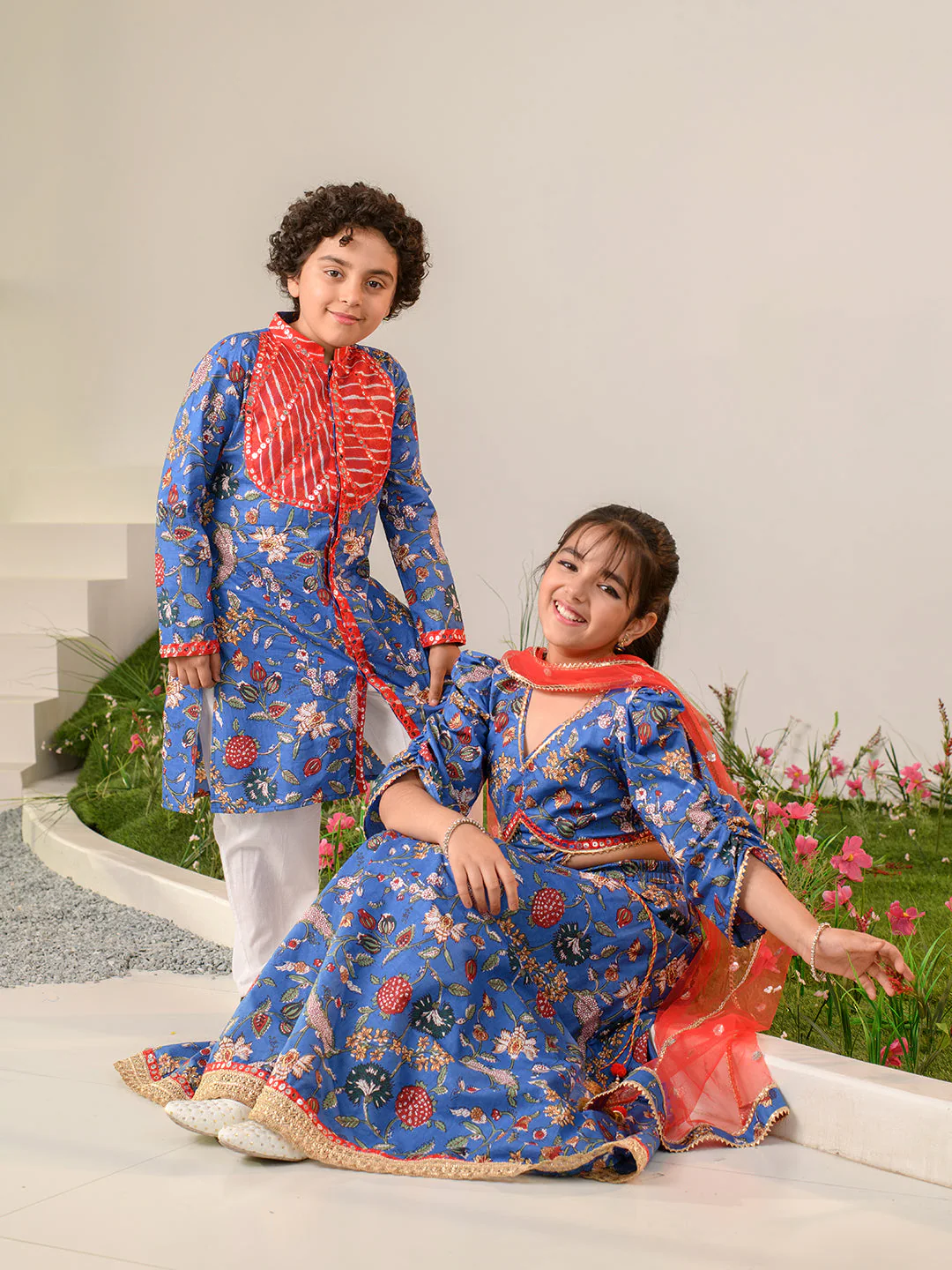 Boys Floral Printed Pure Cotton Kurta with Pyjamas (KP-REDPATRA) - Image 6
