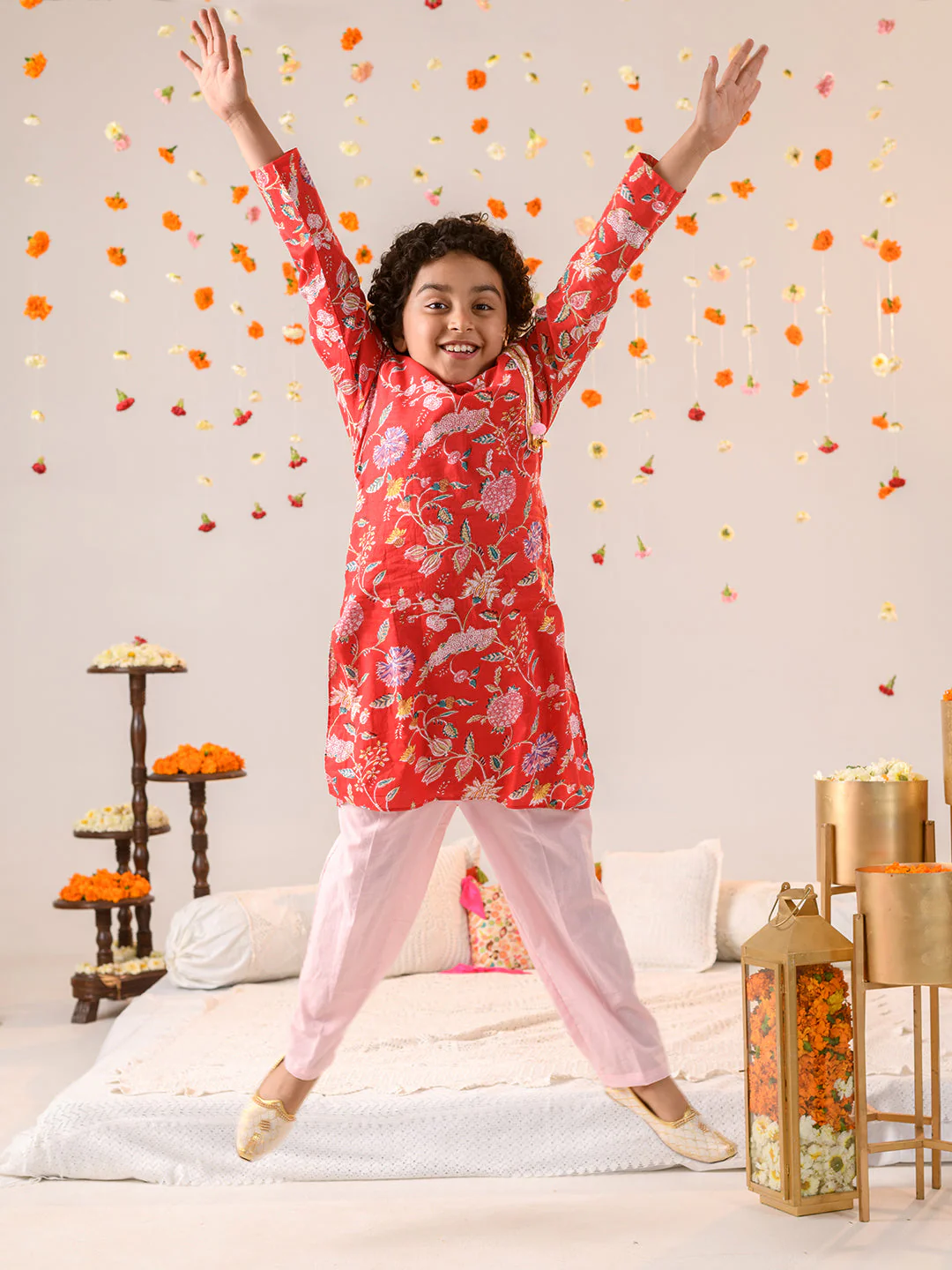 Boys Floral Printed Regular Pure Cotton Kurta With Pyjamas (KP-REDPINKFLOWER) - Image 3