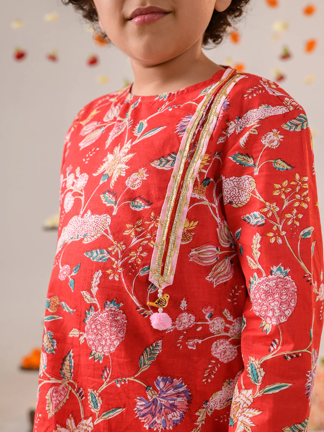 Boys Floral Printed Regular Pure Cotton Kurta With Pyjamas (KP-REDPINKFLOWER) - Image 5
