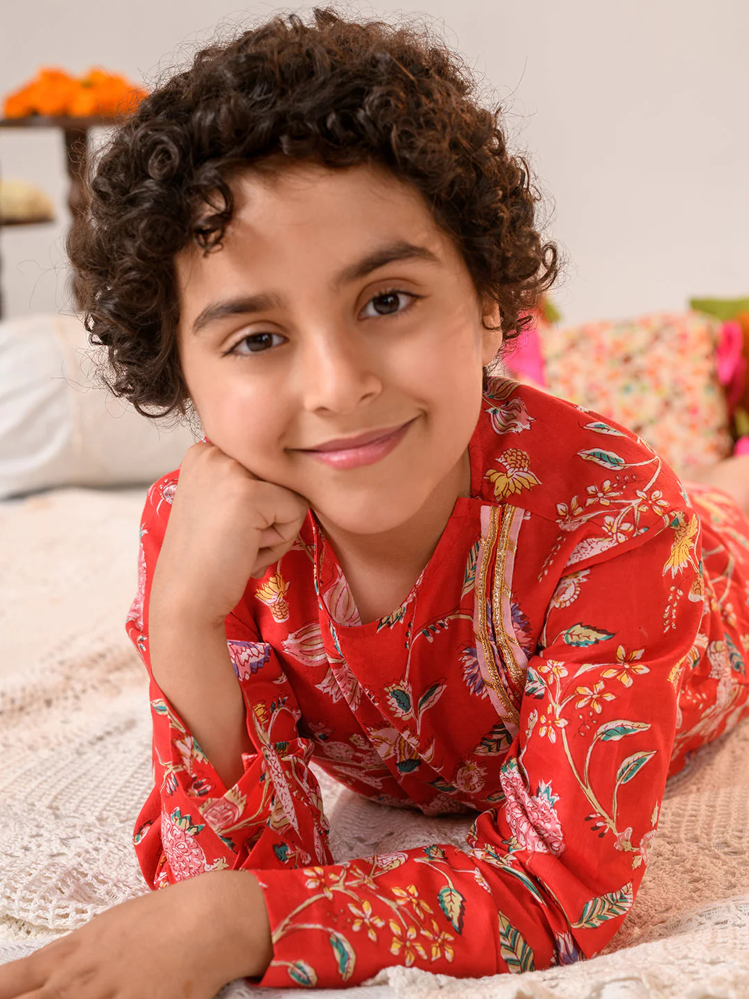 Boys Floral Printed Regular Pure Cotton Kurta With Pyjamas (KP-REDPINKFLOWER) - Image 6