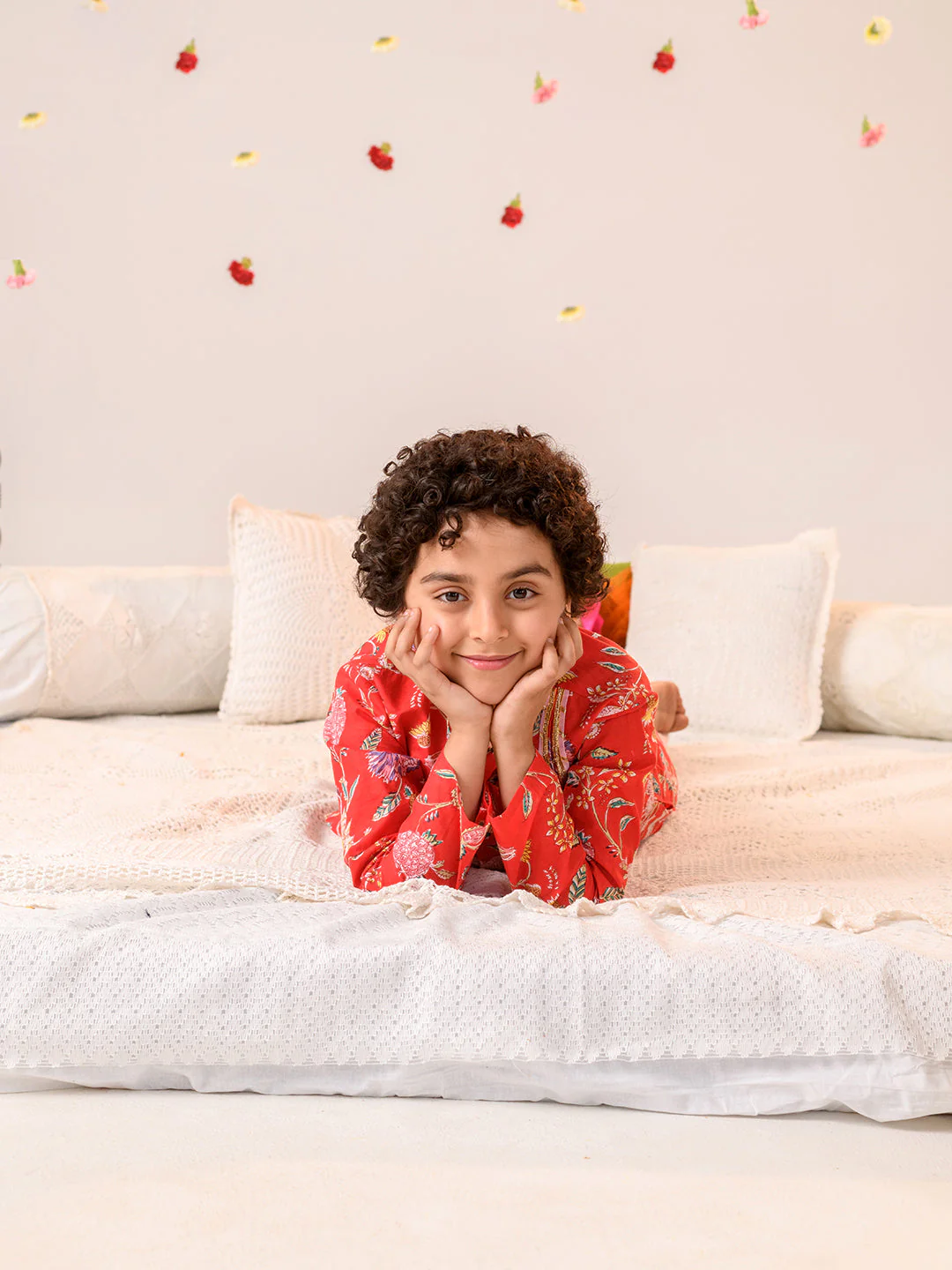 Boys Floral Printed Regular Pure Cotton Kurta With Pyjamas (KP-REDPINKFLOWER) - Image 7