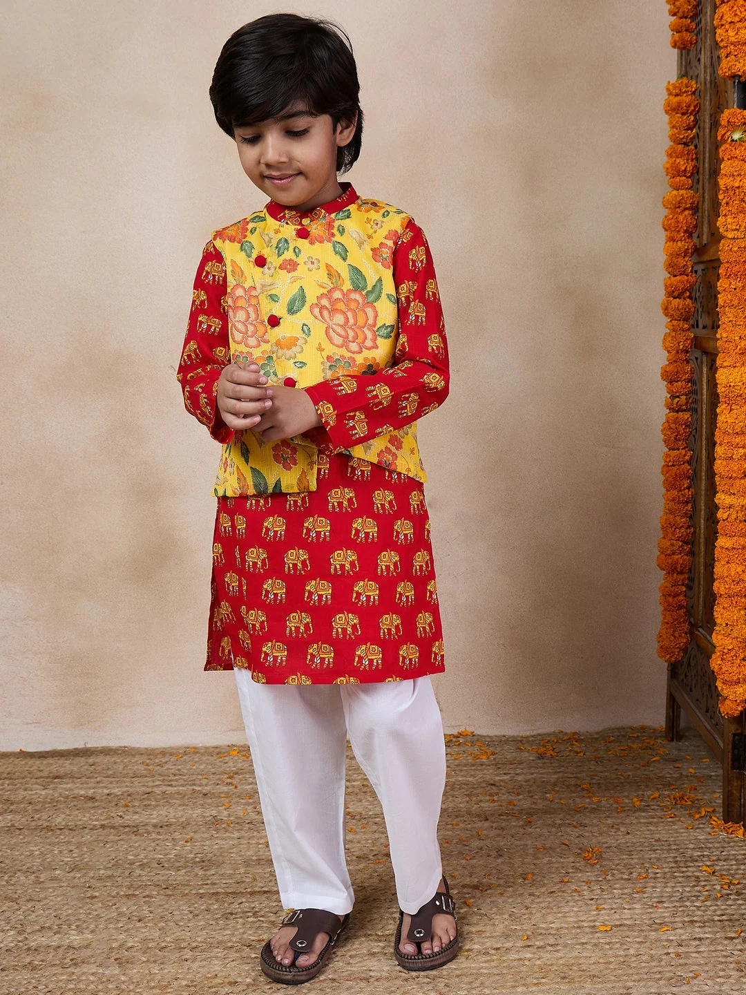 Boys Mandarin Collar Animal Printed Regular Kurta With Pyjamas (KP-YELLOWHATHI) - Image 3