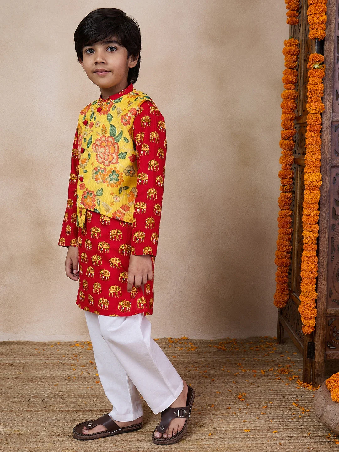 Boys Mandarin Collar Animal Printed Regular Kurta With Pyjamas (KP-YELLOWHATHI) - Image 4