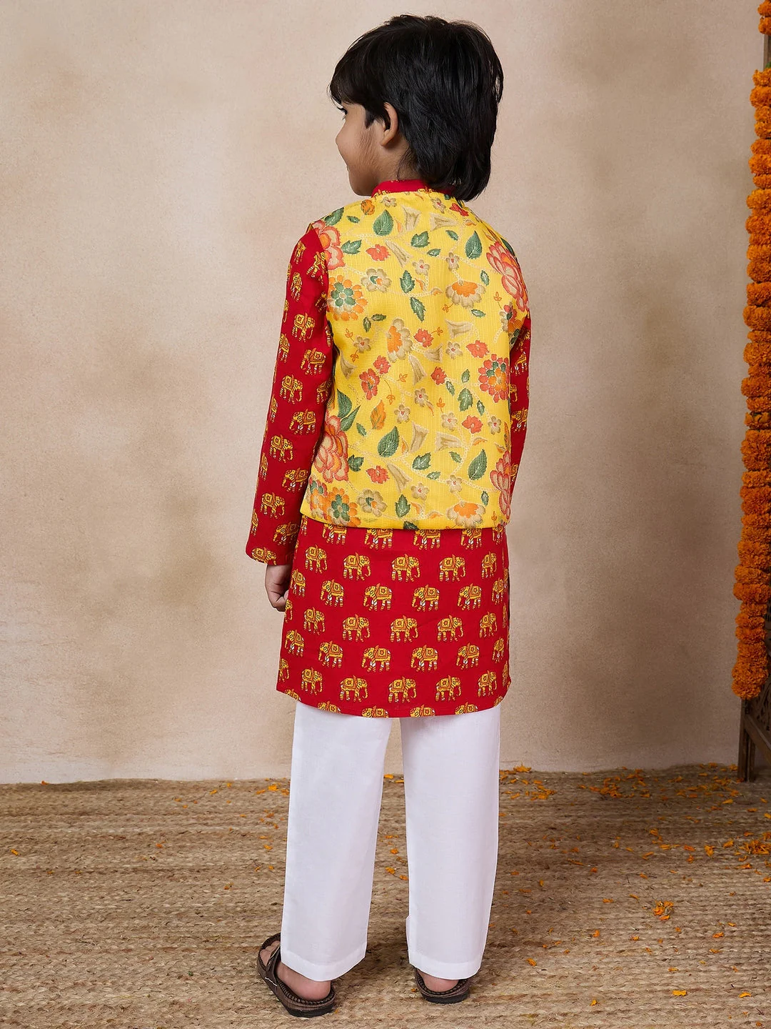 Boys Mandarin Collar Animal Printed Regular Kurta With Pyjamas (KP-YELLOWHATHI) - Image 5