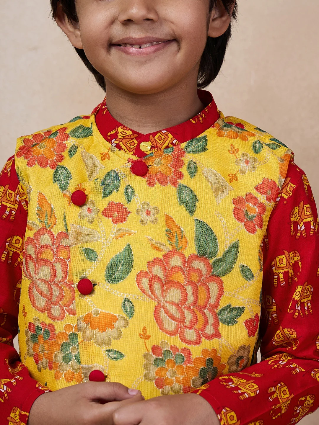 Boys Mandarin Collar Animal Printed Regular Kurta With Pyjamas (KP-YELLOWHATHI) - Image 6
