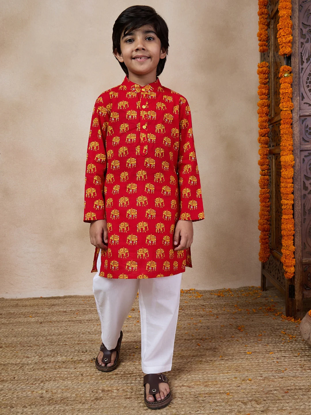Boys Mandarin Collar Animal Printed Regular Kurta With Pyjamas (KP-YELLOWHATHI) - Image 7