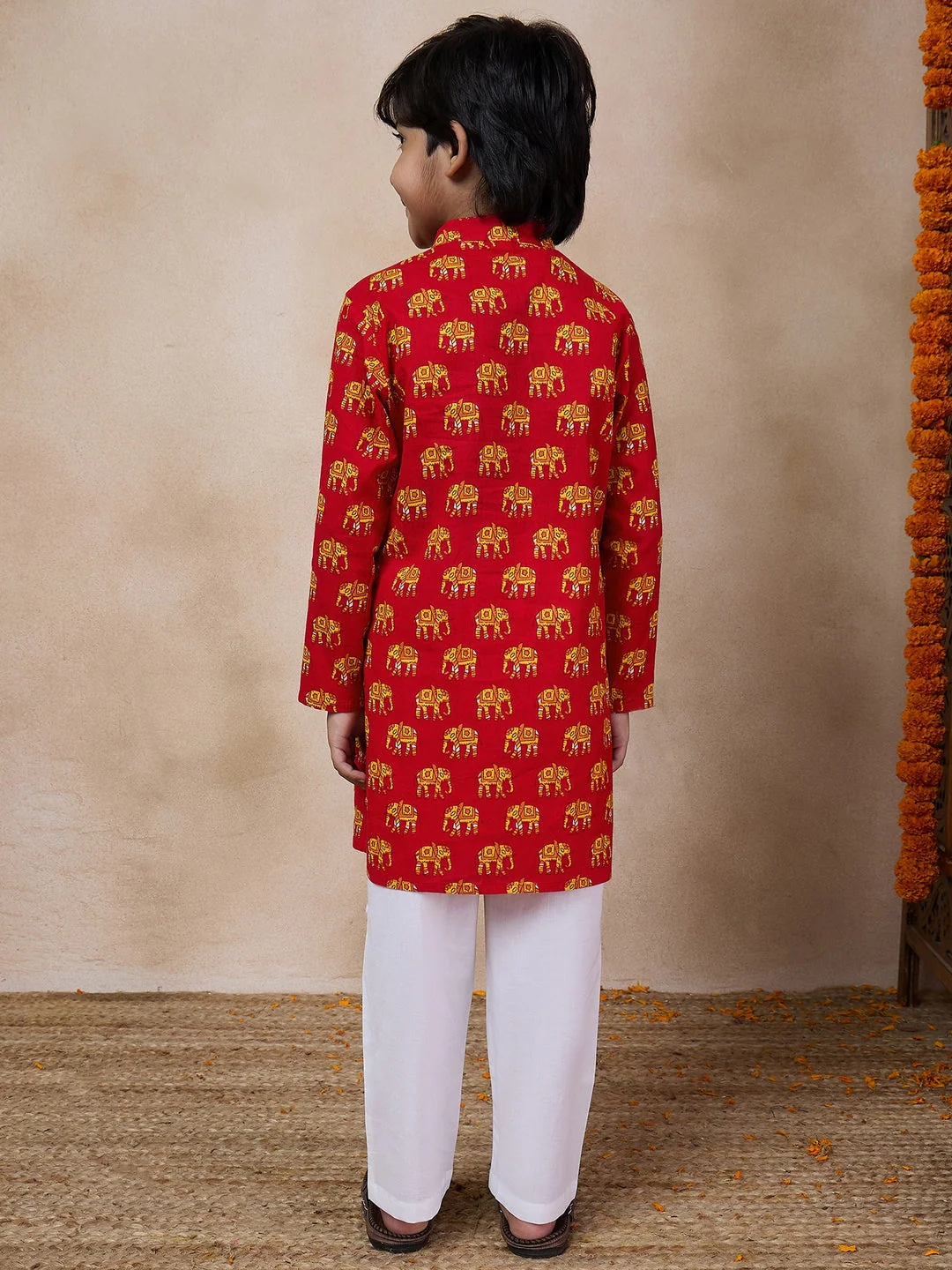 Boys Mandarin Collar Animal Printed Regular Kurta With Pyjamas (KP-YELLOWHATHI) - Image 8