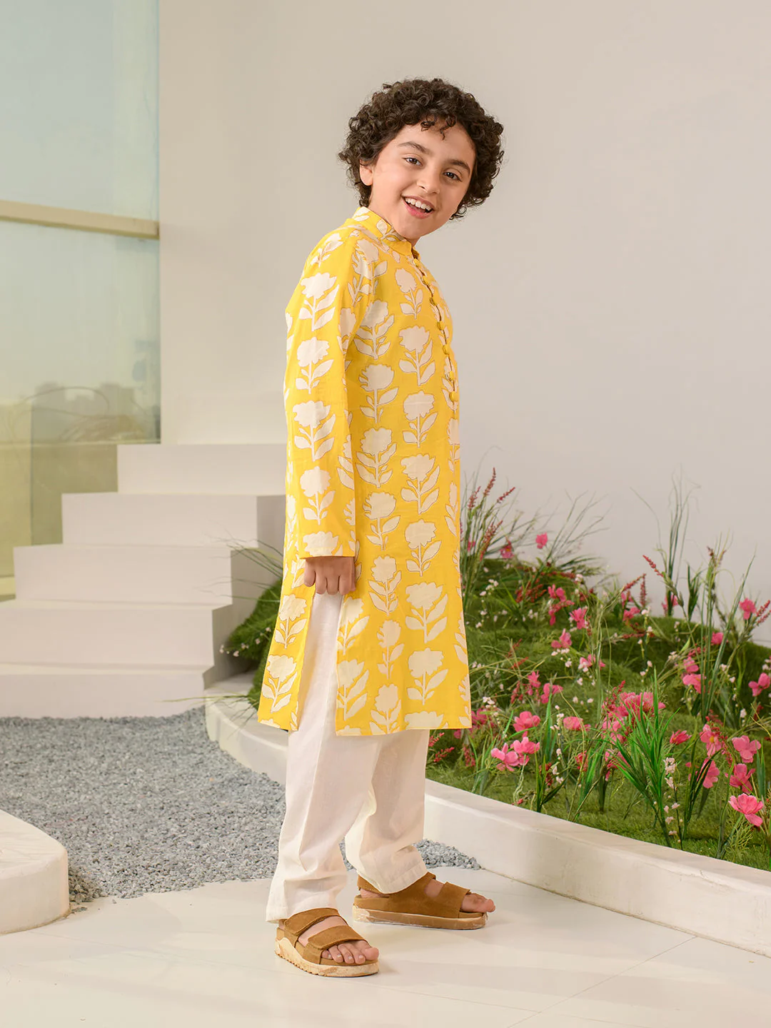 Boys Floral Printed Pure Cotton Kurta with Pyjamas (KP-YELLOWOFFWHITE) - Image 3