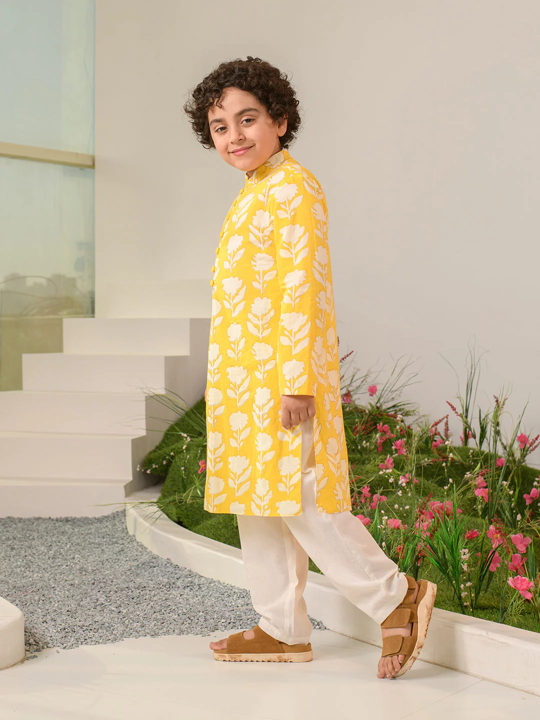 Boys Floral Printed Pure Cotton Kurta with Pyjamas (KP-YELLOWOFFWHITE) - Image 4