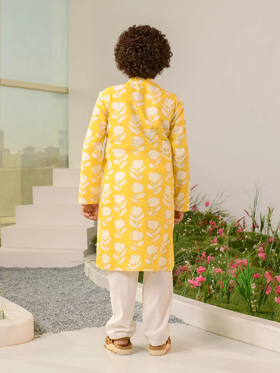 Boys Floral Printed Pure Cotton Kurta with Pyjamas (KP-YELLOWOFFWHITE) - Image 5