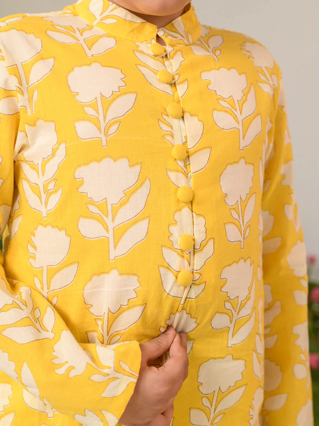 Boys Floral Printed Pure Cotton Kurta with Pyjamas (KP-YELLOWOFFWHITE) - Image 6