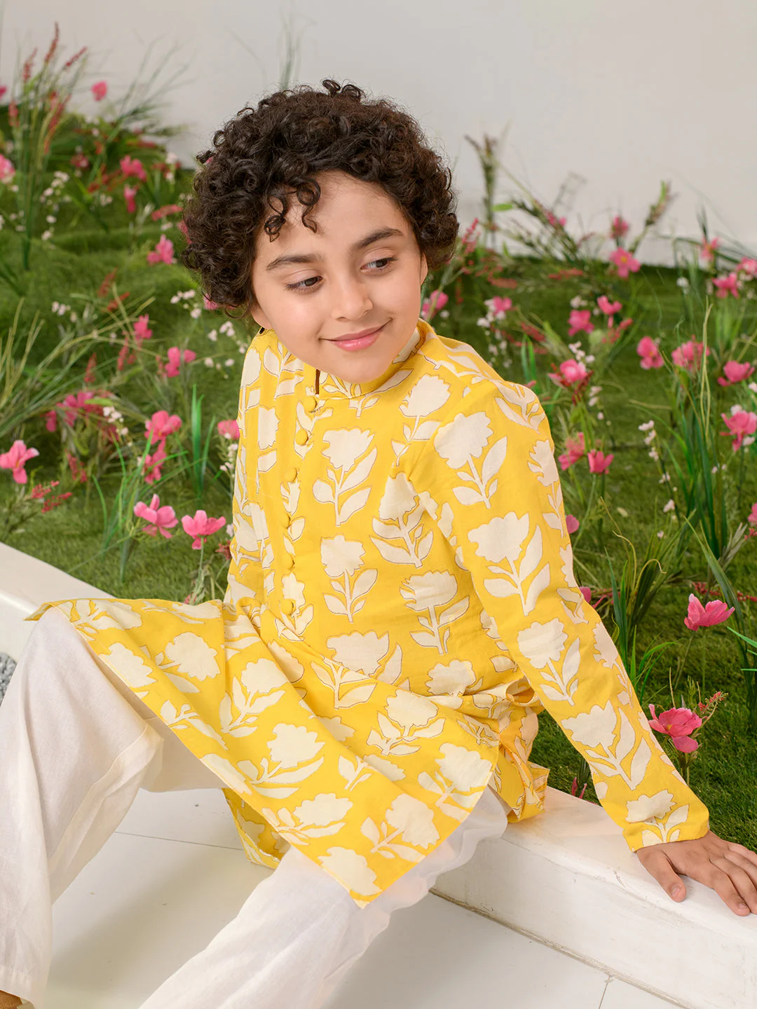 Boys Floral Printed Pure Cotton Kurta with Pyjamas (KP-YELLOWOFFWHITE) - Image 7