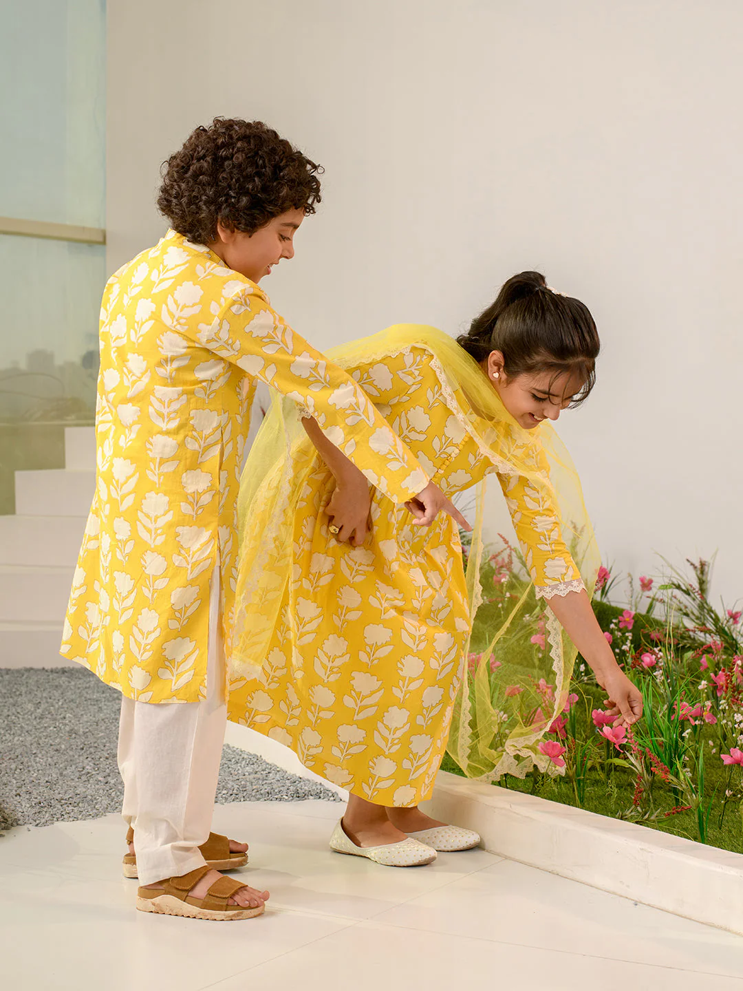 Boys Floral Printed Pure Cotton Kurta with Pyjamas (KP-YELLOWOFFWHITE) - Image 8