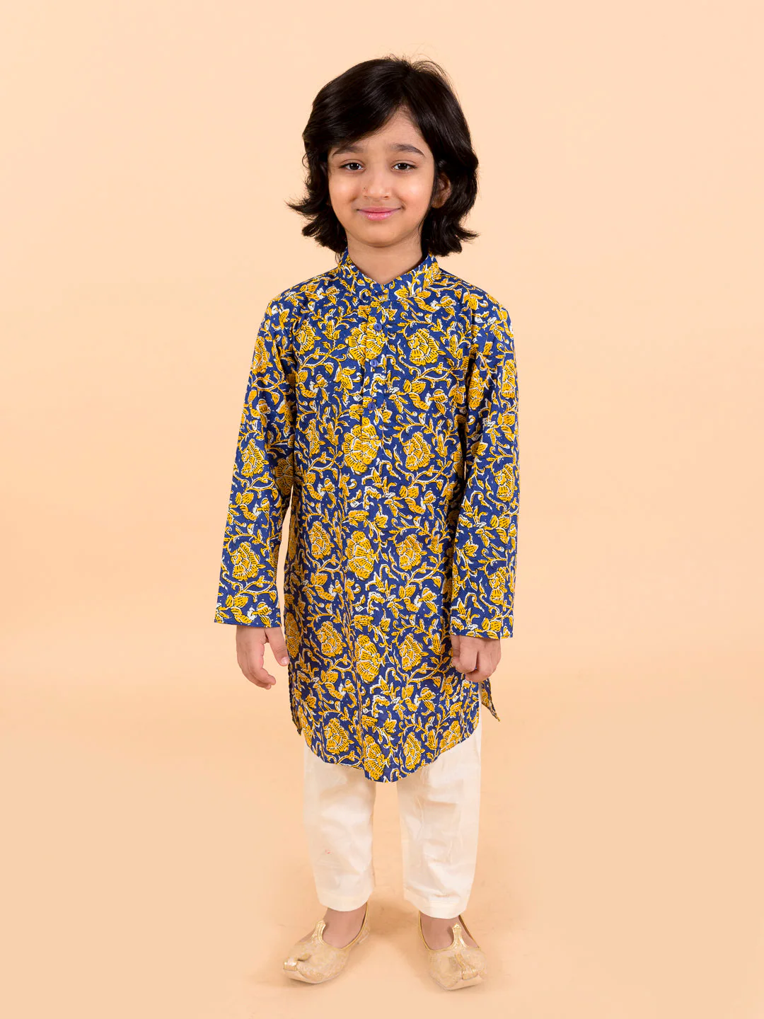 Boys Navy Blue Floral Printed Pure Cotton Kurta with Trousers & With Dupatta (Kp-Navyjaal) - Image 6