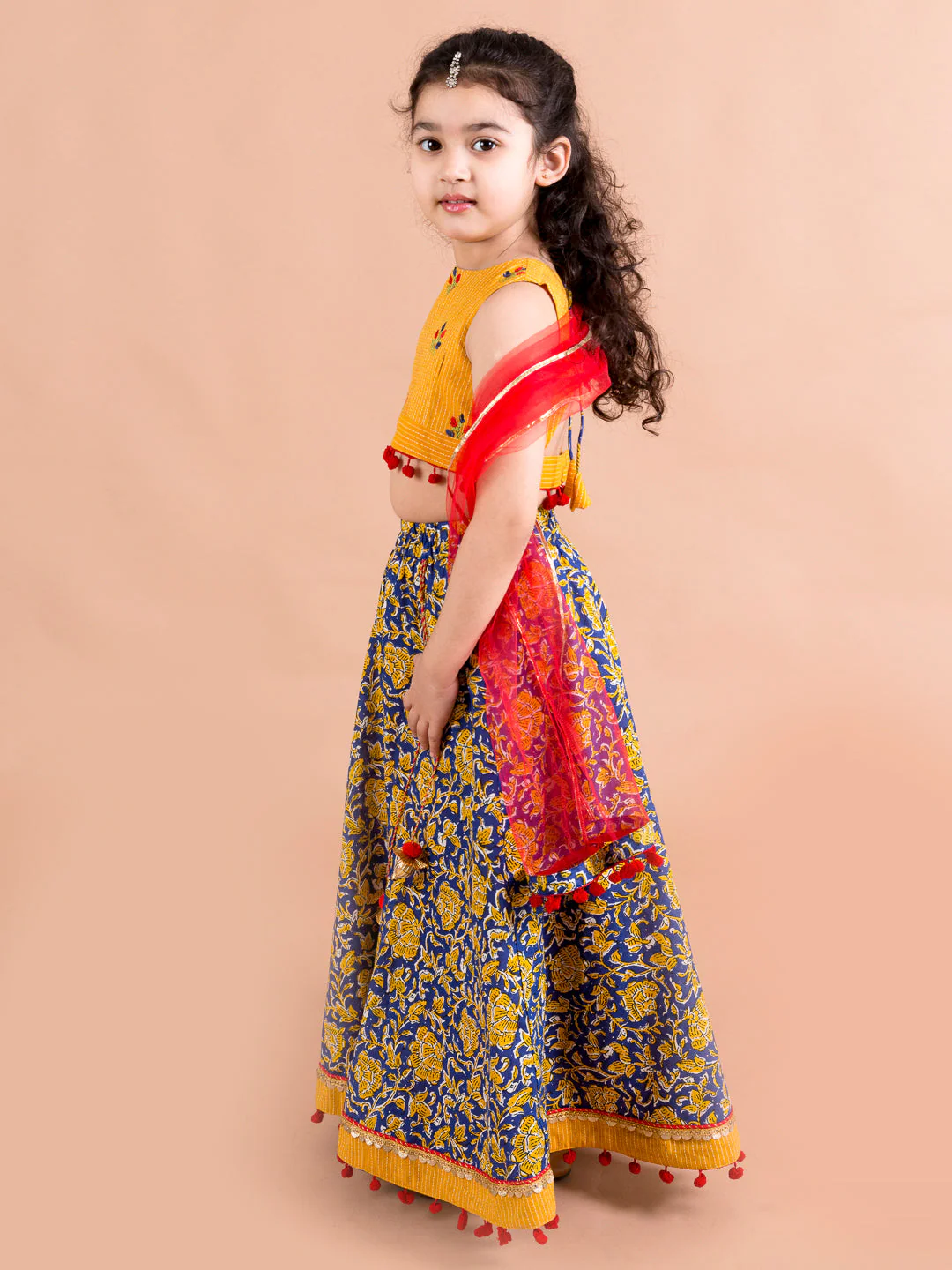 Girls Navy Blue & Yellow Cotton Ready to Wear Lehenga & Blouse With Dupatta (L-Navyjaal) - Image 3