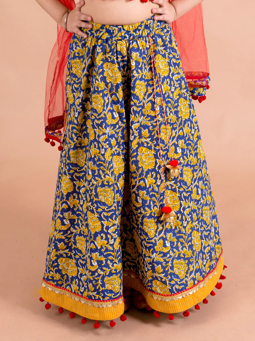 Girls Navy Blue & Yellow Cotton Ready to Wear Lehenga & Blouse With Dupatta (L-Navyjaal) - Image 4