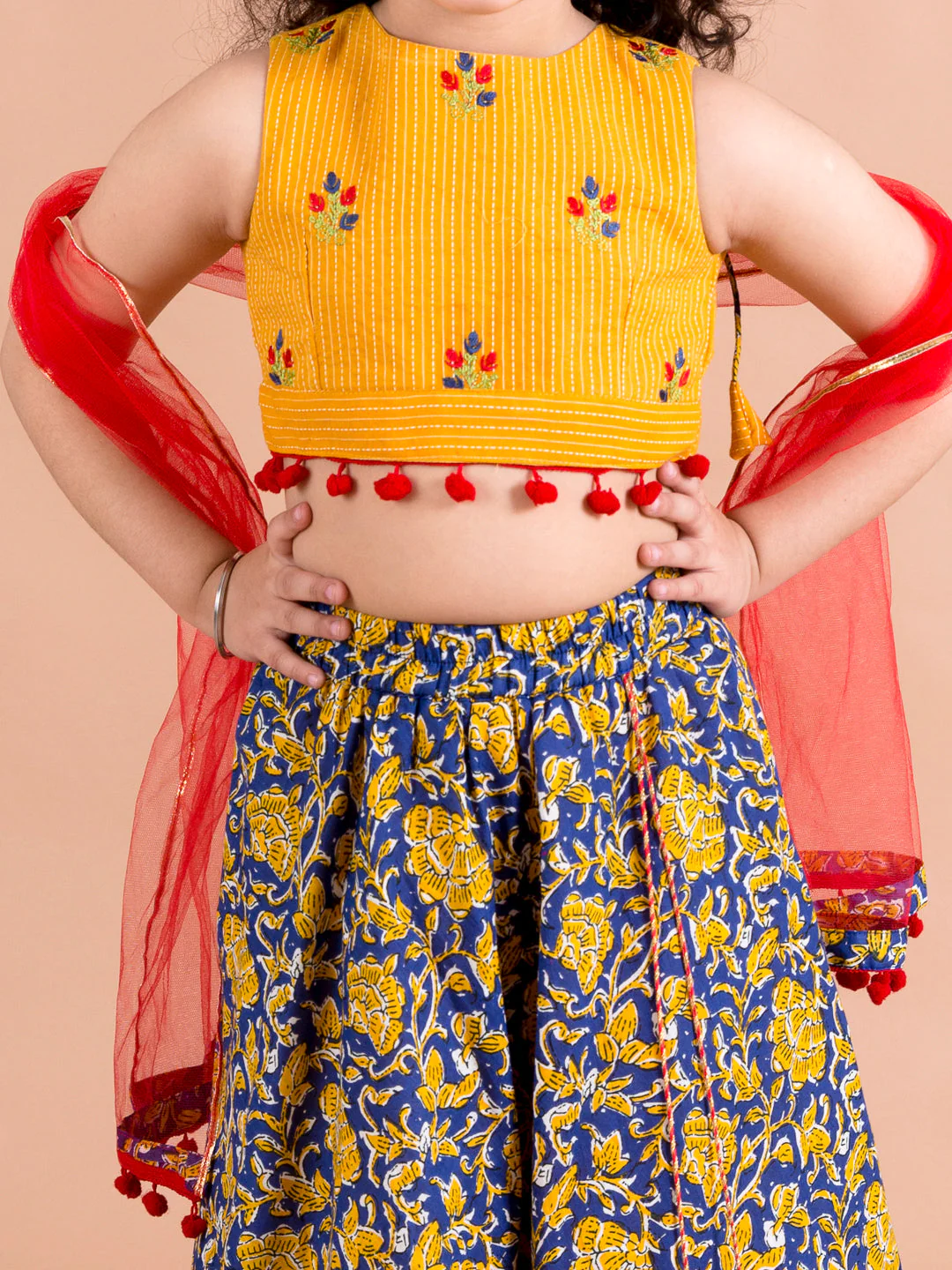 Girls Navy Blue & Yellow Cotton Ready to Wear Lehenga & Blouse With Dupatta (L-Navyjaal) - Image 5