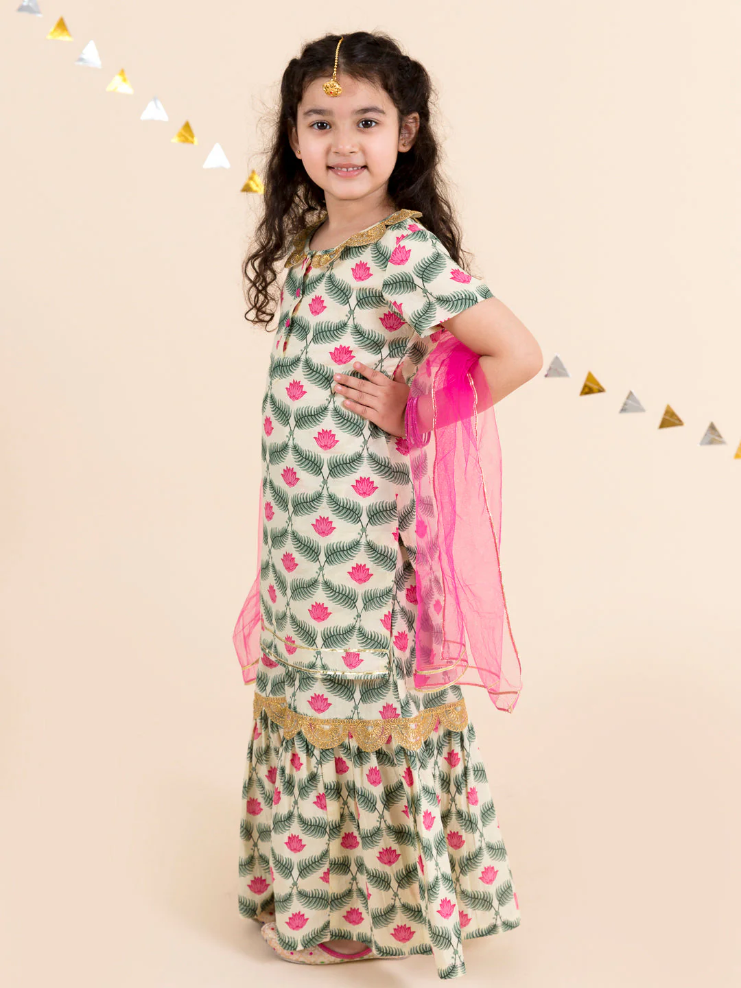 Girls Off White Floral Yoke Design Empire Pure Cotton Kurti with Skirt & With Dupatta (Sha-lotus) - Image 3