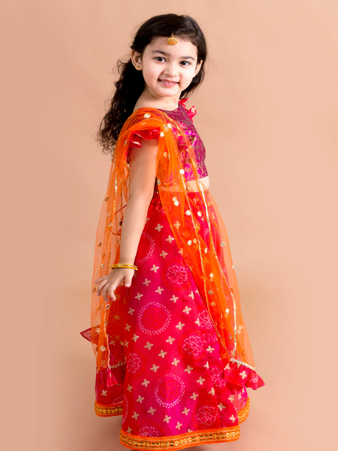 Girls Pink & Orange Ready to Wear Lehenga & Blouse With Dupatta (L-bootifoil) - Image 3