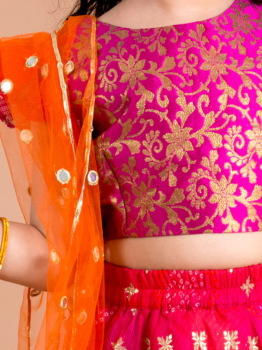 Girls Pink & Orange Ready to Wear Lehenga & Blouse With Dupatta (L-bootifoil) - Image 4
