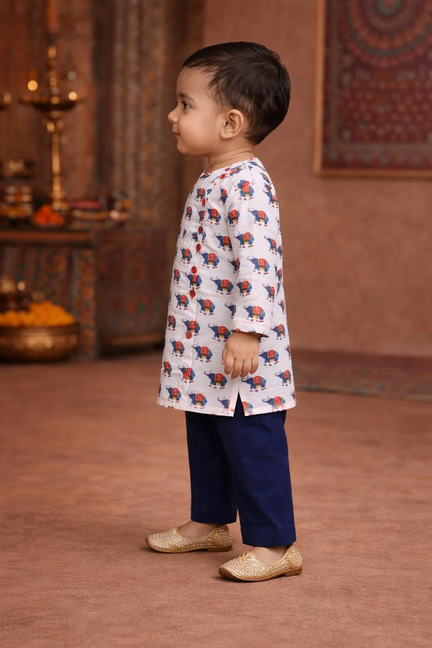 Pspeaches Baby Boy Animal Printed Kurta Pajama Set (inb-whitehathi) - Image 3