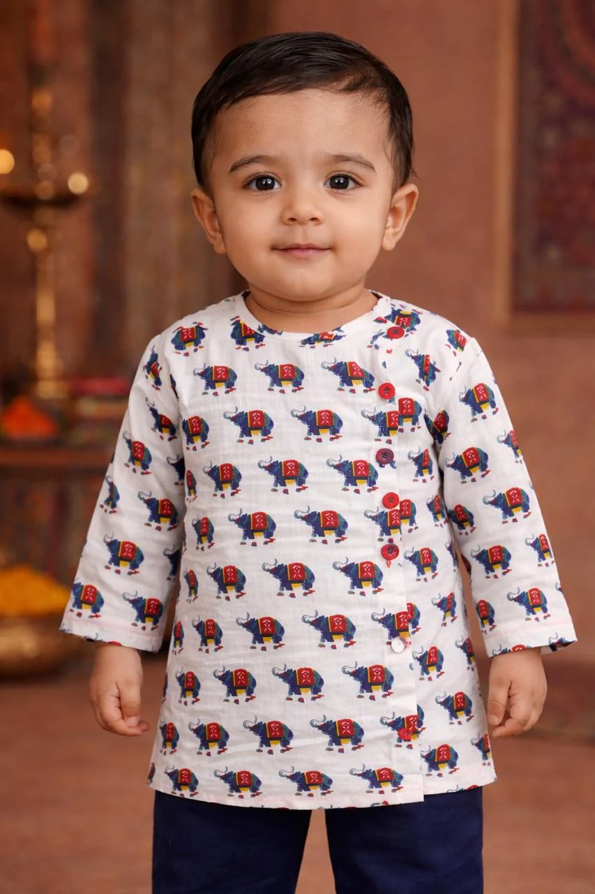 Pspeaches Baby Boy Animal Printed Kurta Pajama Set (inb-whitehathi) - Image 4