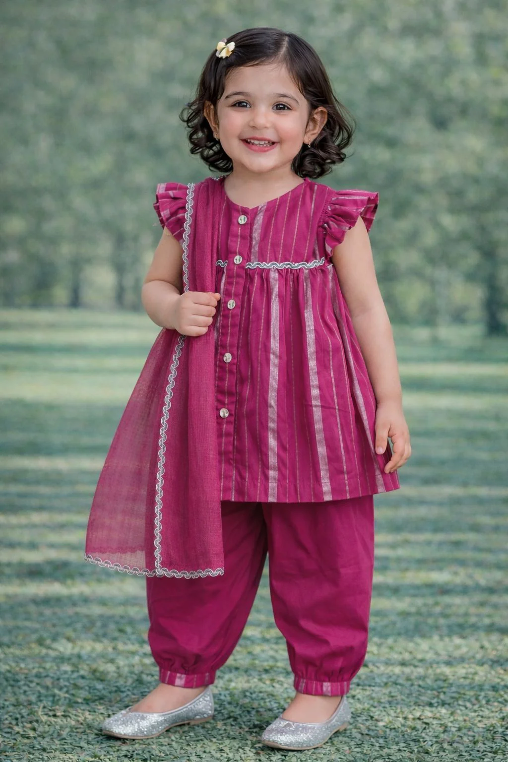 Pspeaches Baby Girl Printed Kurta Pajama with Dupatta Set (ing-majentalurex) - Image 3