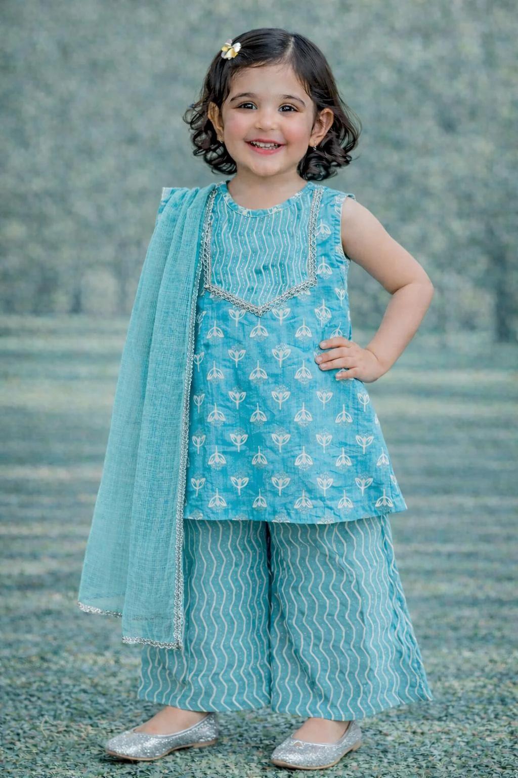 Pspeaches Baby Girl Printed Kurta Palazzo with Dupatta Set (ing-bluekhaddi) - Image 3