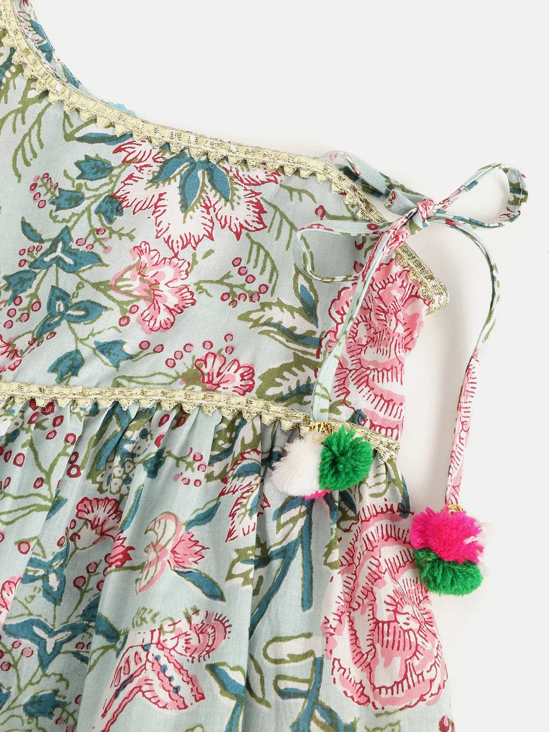 Girls Green & Pink Floral Print Kurti with Dhoti Pants (Dh-GreenJaal) - Image 4