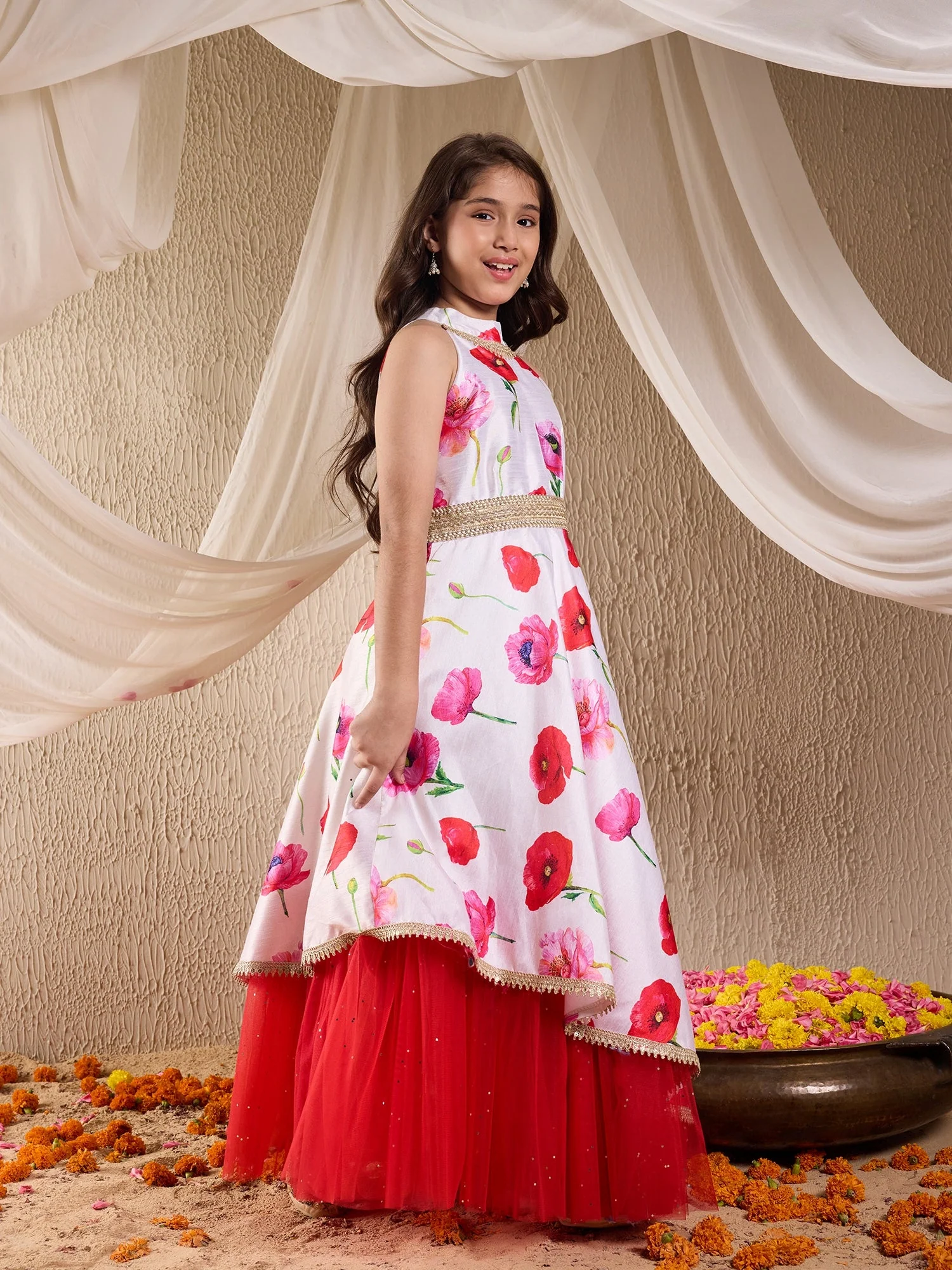Pspeaches Girls Silk Blend Sleeveless Round Neck Gota Pati Embellished Lehenga Choli Set with Dupatta for Girls (IW-OFFWHITEGOWN) - Image 4
