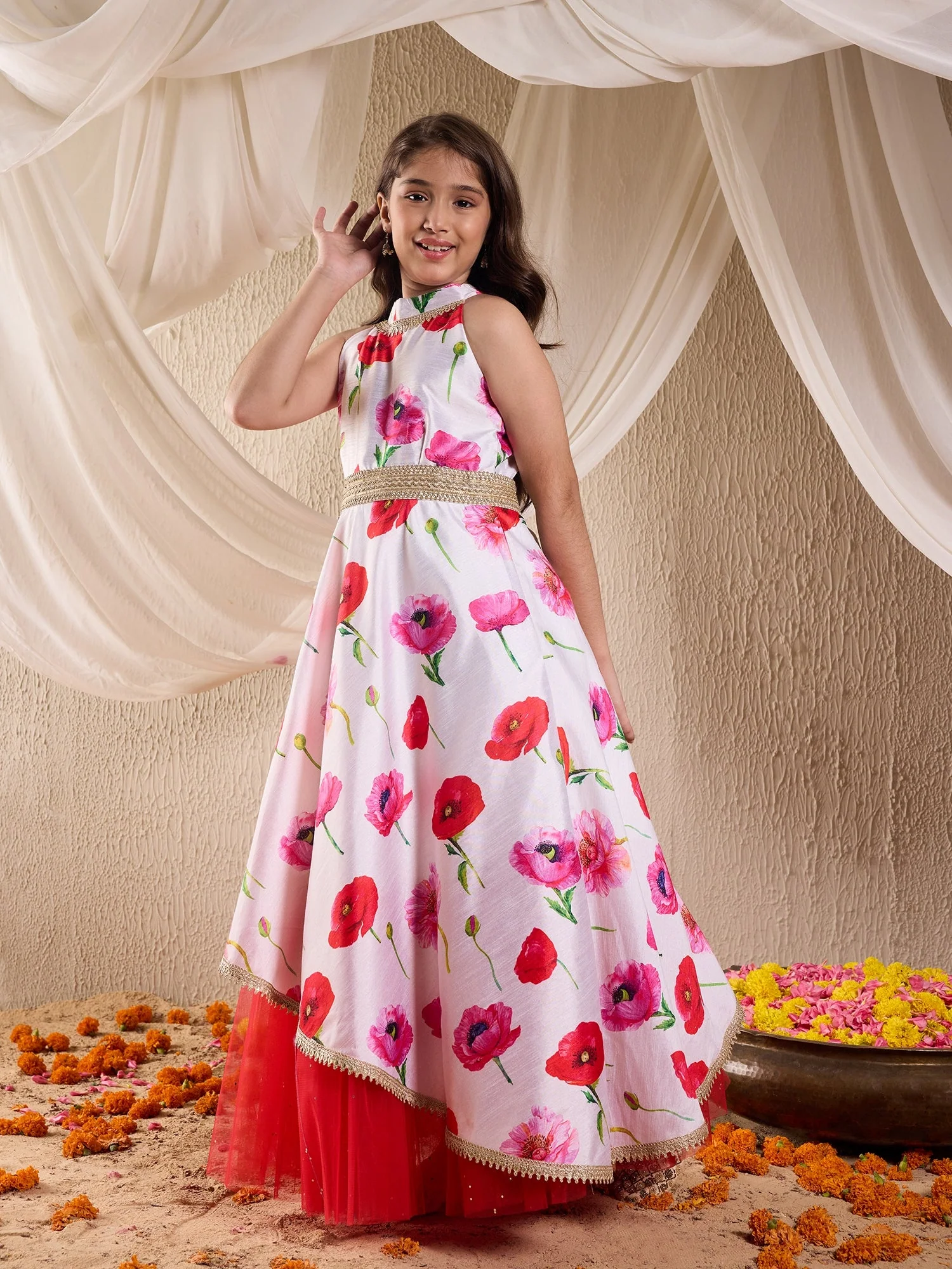 Pspeaches Girls Silk Blend Sleeveless Round Neck Gota Pati Embellished Lehenga Choli Set with Dupatta for Girls (IW-OFFWHITEGOWN) - Image 5