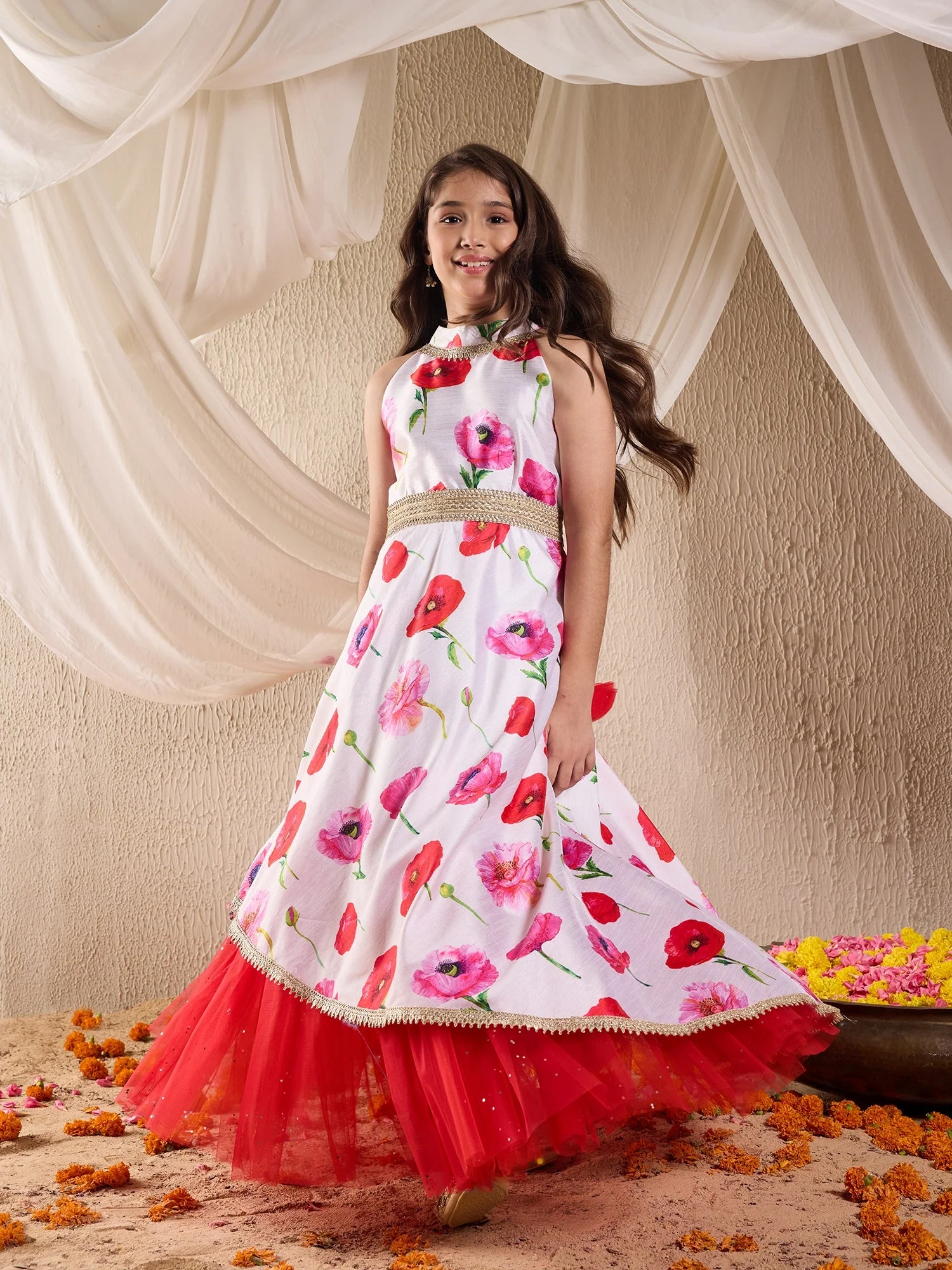 Pspeaches Girls Silk Blend Sleeveless Round Neck Gota Pati Embellished Lehenga Choli Set with Dupatta for Girls (IW-OFFWHITEGOWN) - Image 6